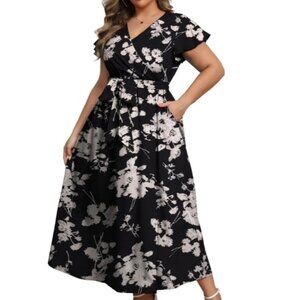 Women's Maxi Dress Plus Size 1X Flutter Sleeve Floral Print V Neckline Flowy